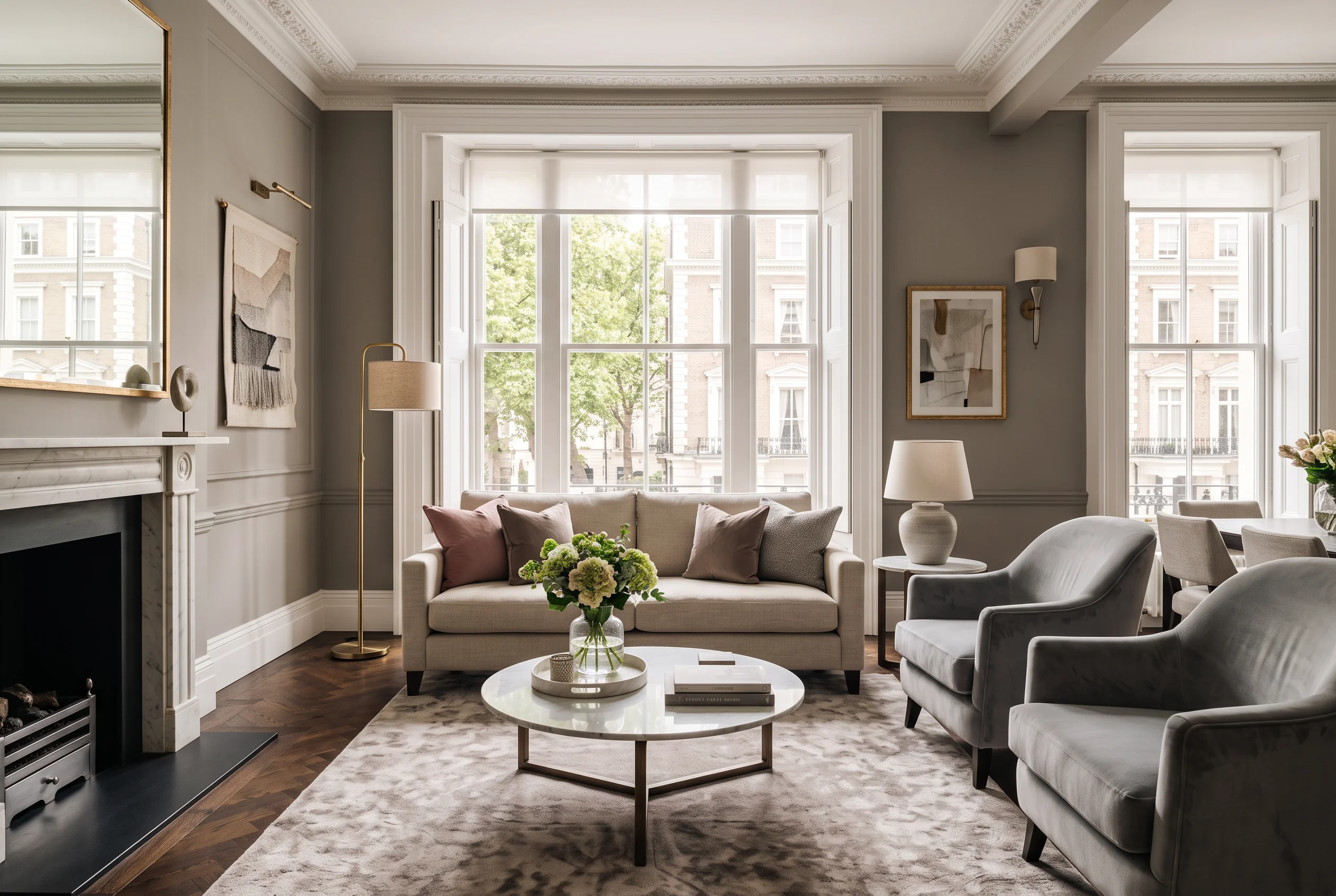 Elegant prime central London serviced apartment living room with period sash windows